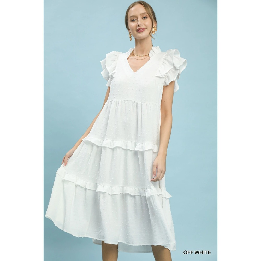 Umgee Textured Ruffle Sleeve Tiered Midi Dress - Off White‎ - Large